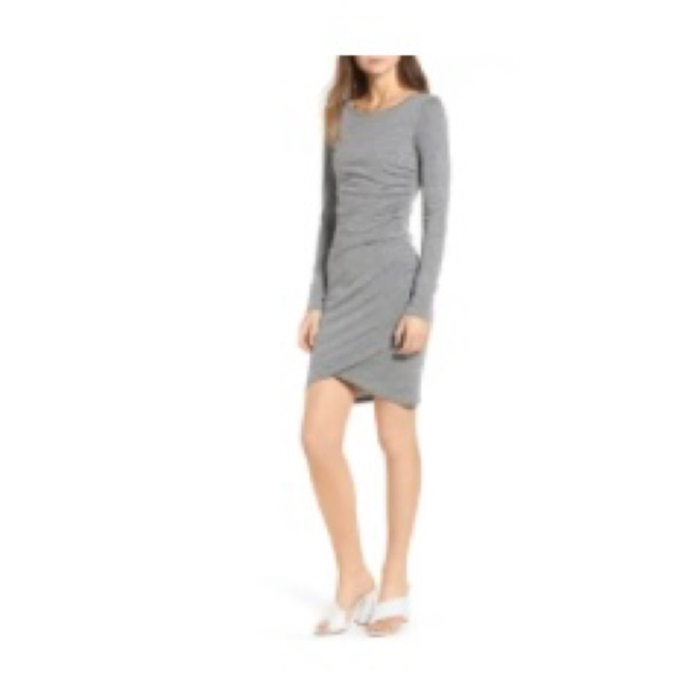 Side Ruched Gray Long Sleeve Dress